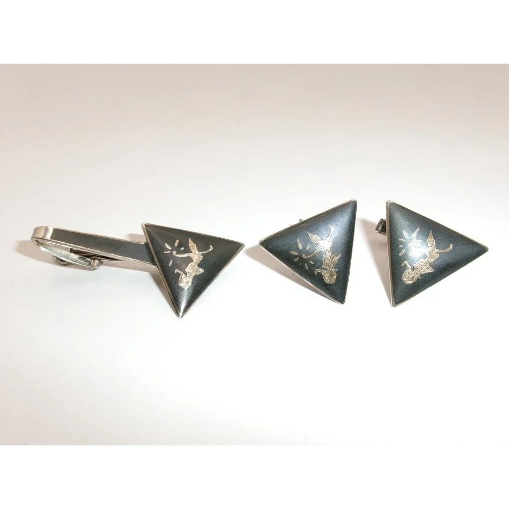 Vintage SIAM Sterling Cufflinks & Tie Clip Bali Dancer Black & Silver Triangles